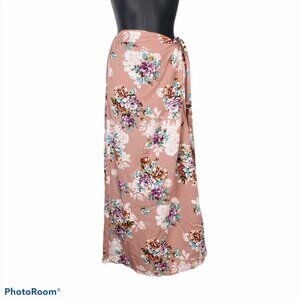 JAPNA Pink Floral Wrap Flowy Maxi Skirt Rayon L